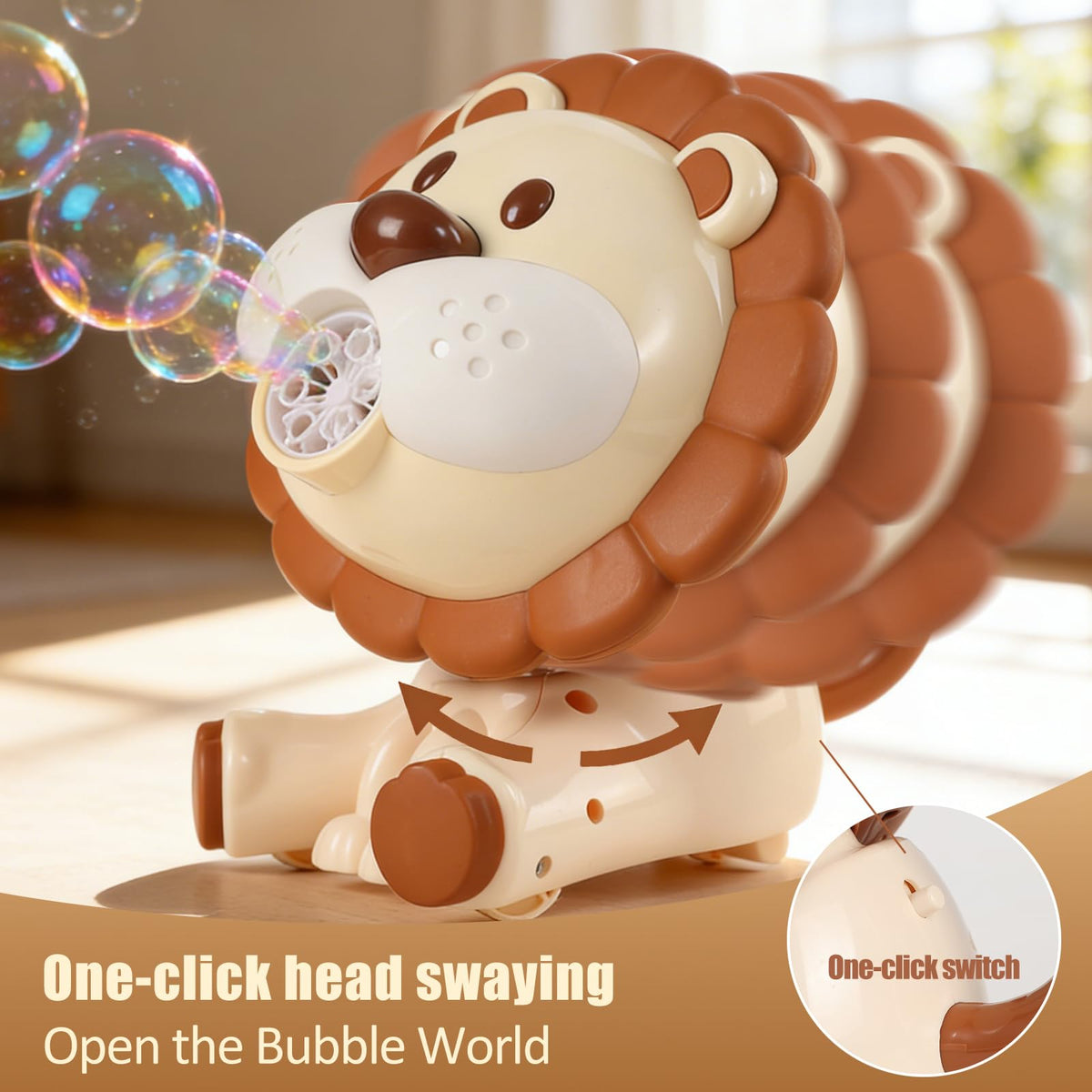 IGINOA Lion Bubble Machine in handheld mode for flexible playtime.