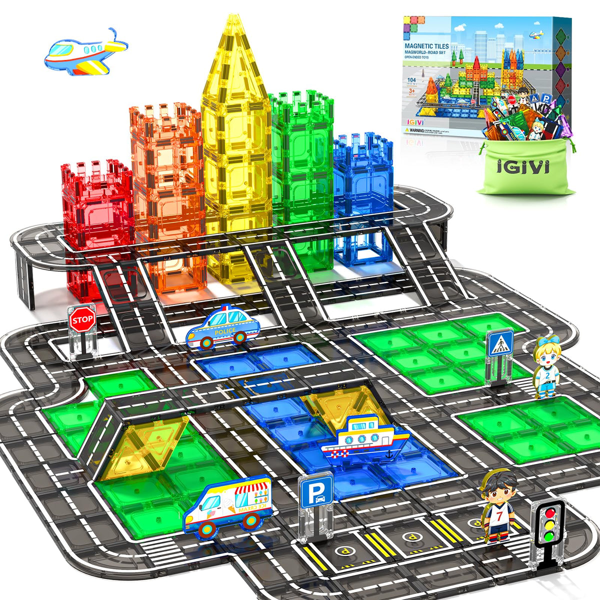 IGIVI 104pcs magnetic tiles road set for creative building and durable play.