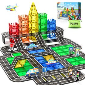 IGIVI 104pcs magnetic tiles road set for creative building and durable play.