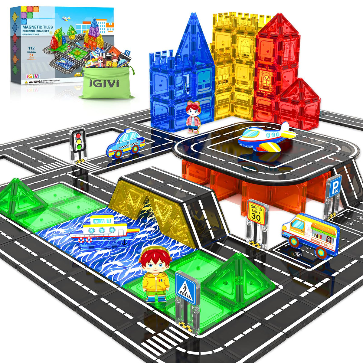 IGIVI 112-piece magnetic tiles road set packaging for open-ended play