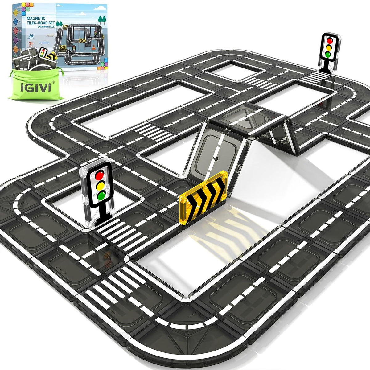 IGIVI magnetic road expansion set with 20 road tiles for imaginative play