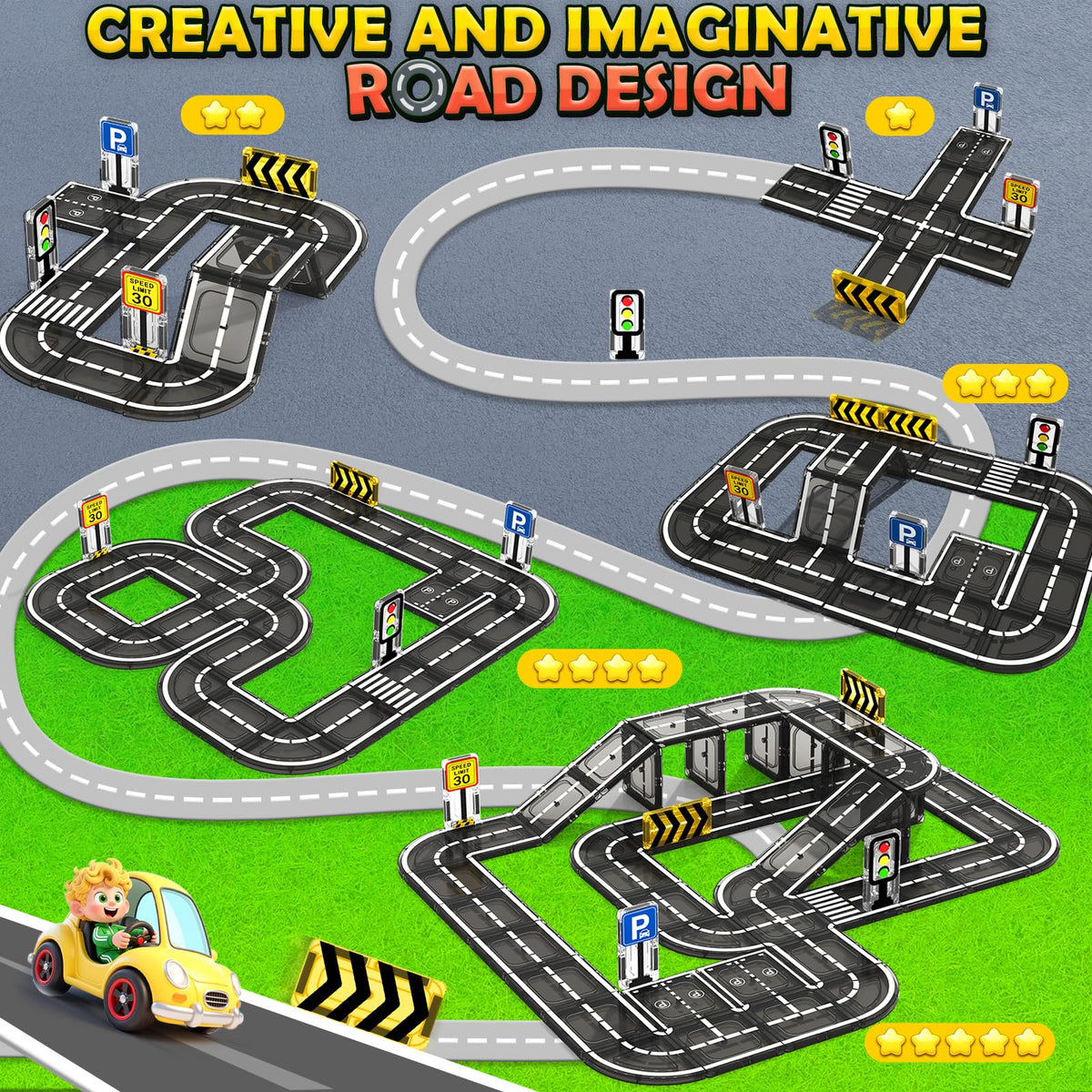 IGIVI Magnetic Tiles Road Set compatible expansion tiles fit existing kits for bigger road systems.
