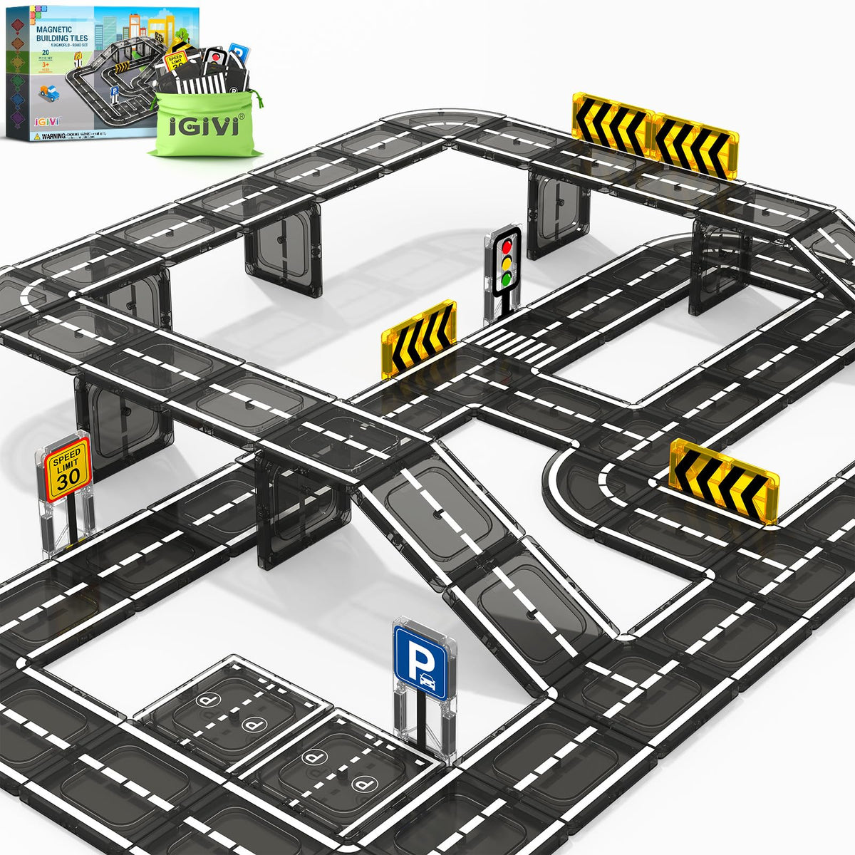 IGIVI Magnetic Tiles Road Set road bricks for imaginative play and early STEM skills.