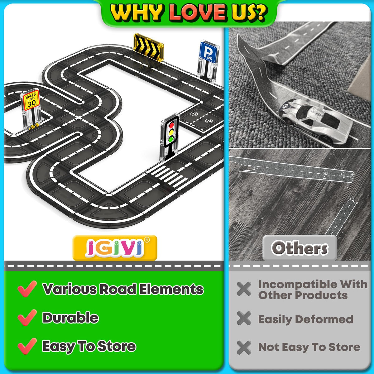 IGIVI Magnetic Tiles Road Set traffic light supports scenario-based play and color-coded signaling.