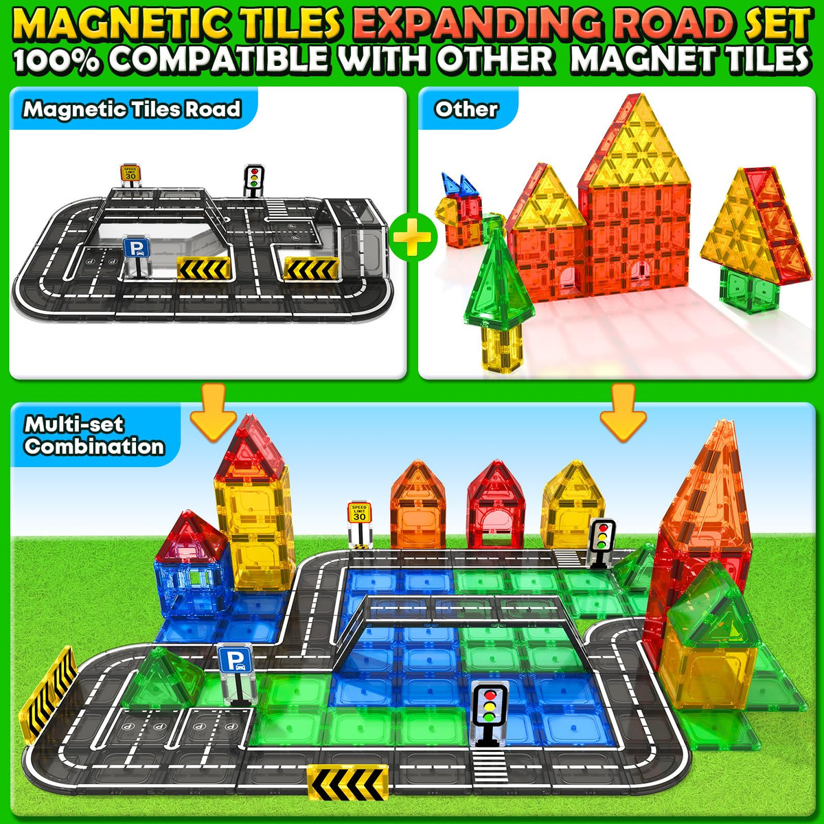 IGIVI Magnetic Tiles Road Set traffic signs enhance learning of traffic rules through pretend play.
