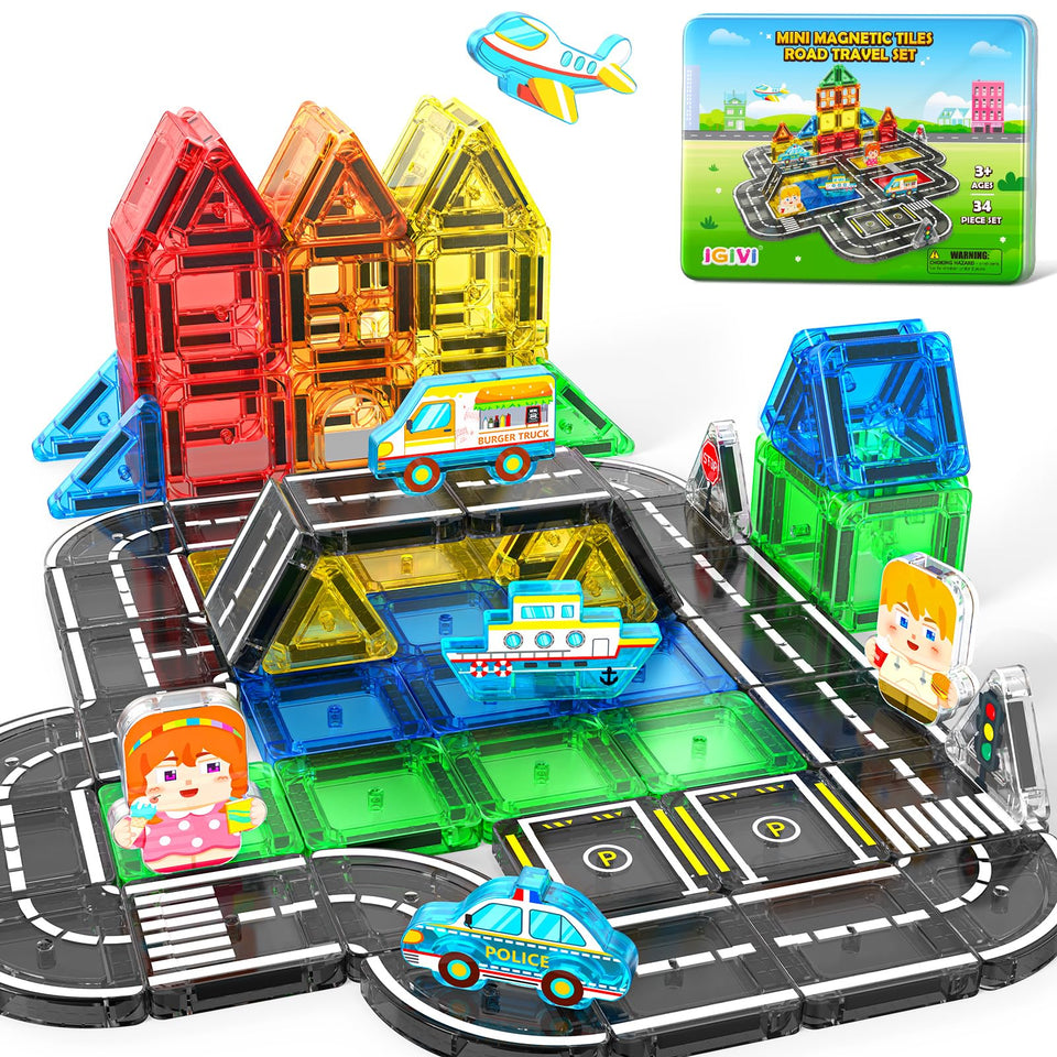IGIVI mini magnetic tiles road case showing compact travel set for on-the-go learning and play.