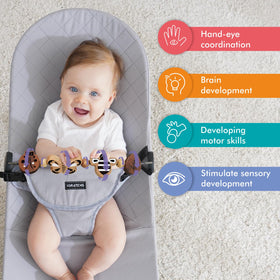 iGRATENS Baby Bjorn Bouncer Toy Bar featuring wooden pendants for better grip and motor exploration