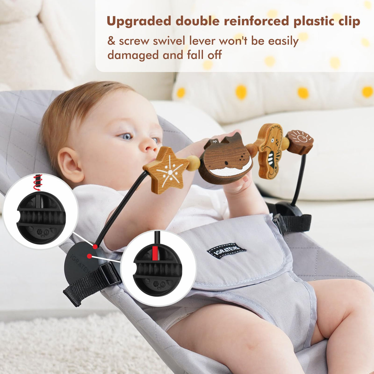 iGRATENS bouncer toy bar with 360° rotation encourages exploration from every angle