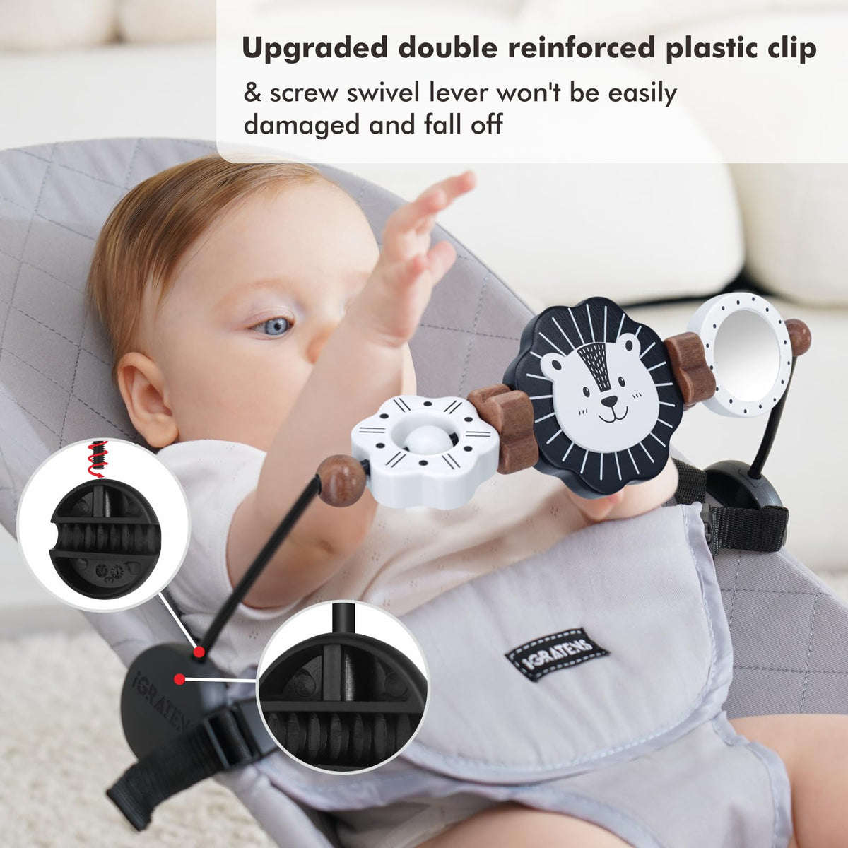 iGRATENS black-and-white theme supports early visual perception for infants.