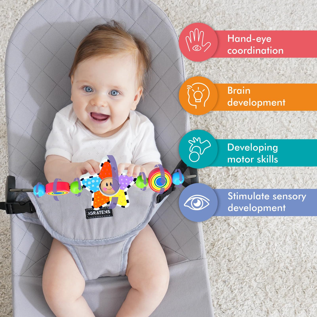 iGRATENS Bouncer Toy Bar reinforced clips secure attachment and easy setup