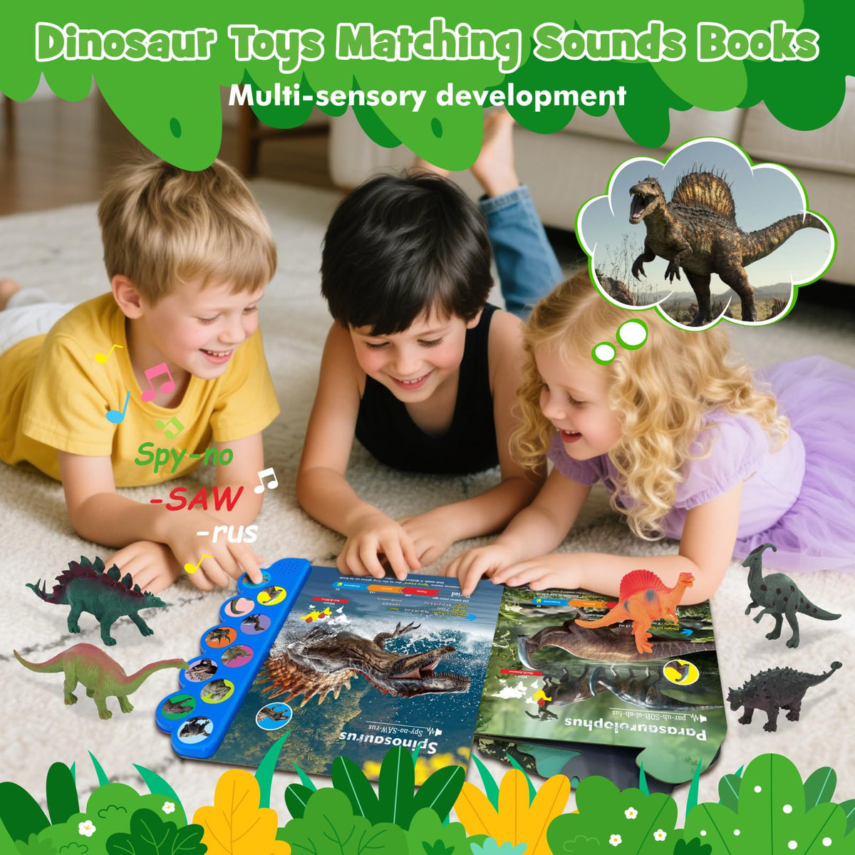 iGRATENS dinosaur sound book with 10 buttons encourages multi-sensory exploration.
