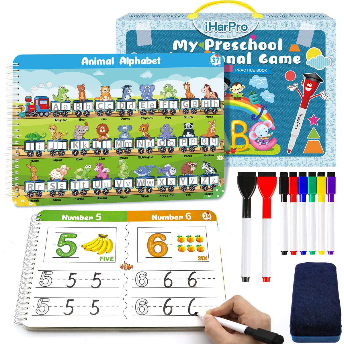 iHarPro handwriting tracing book cover for kids promotes early literacy and hands-on learning.
