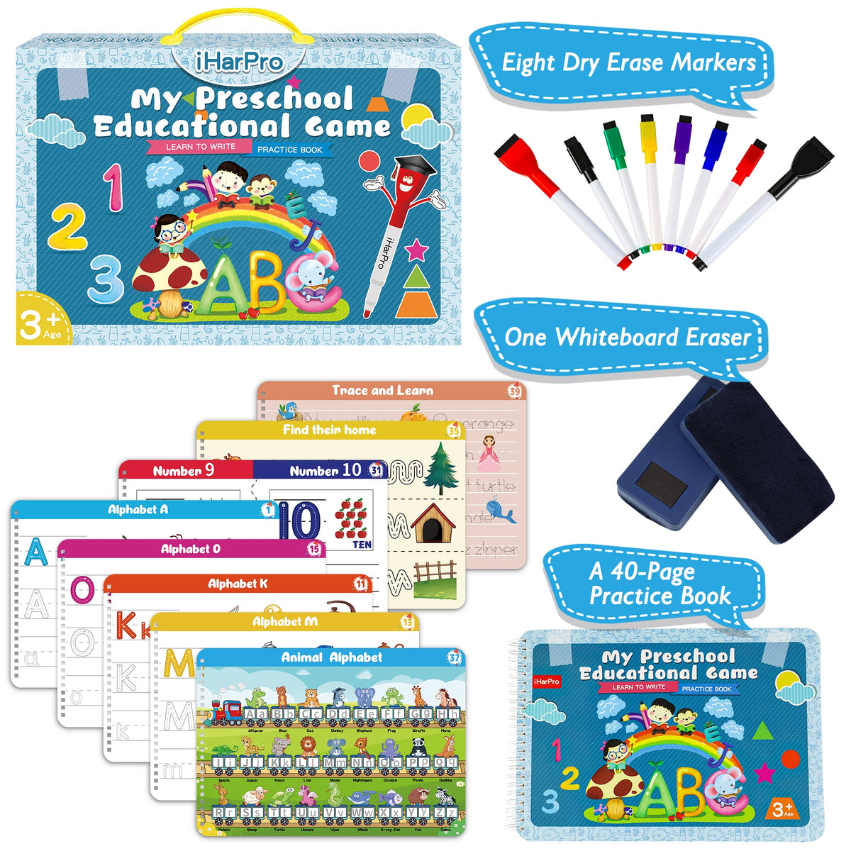 iHarPro tracing pages with letters, numbers and animals support kindergarten readiness and fine motor skills.