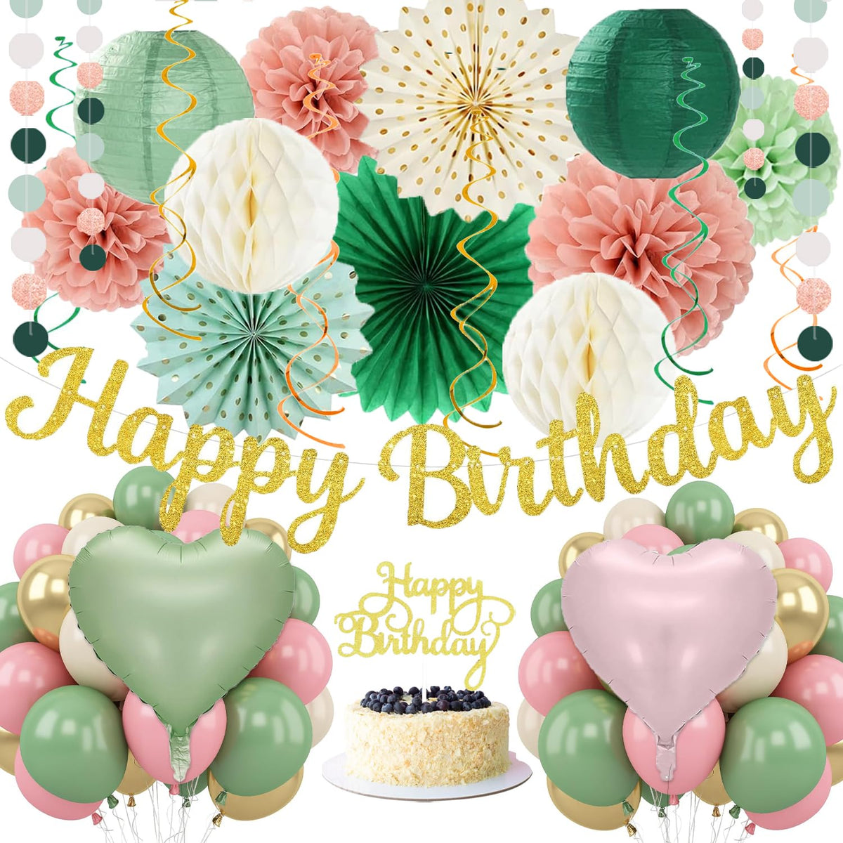 IHEPYQ Sage Green Pink Happy Birthday banner for elegant celebrations