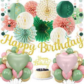 IHEPYQ Sage Green Pink Happy Birthday banner for elegant celebrations