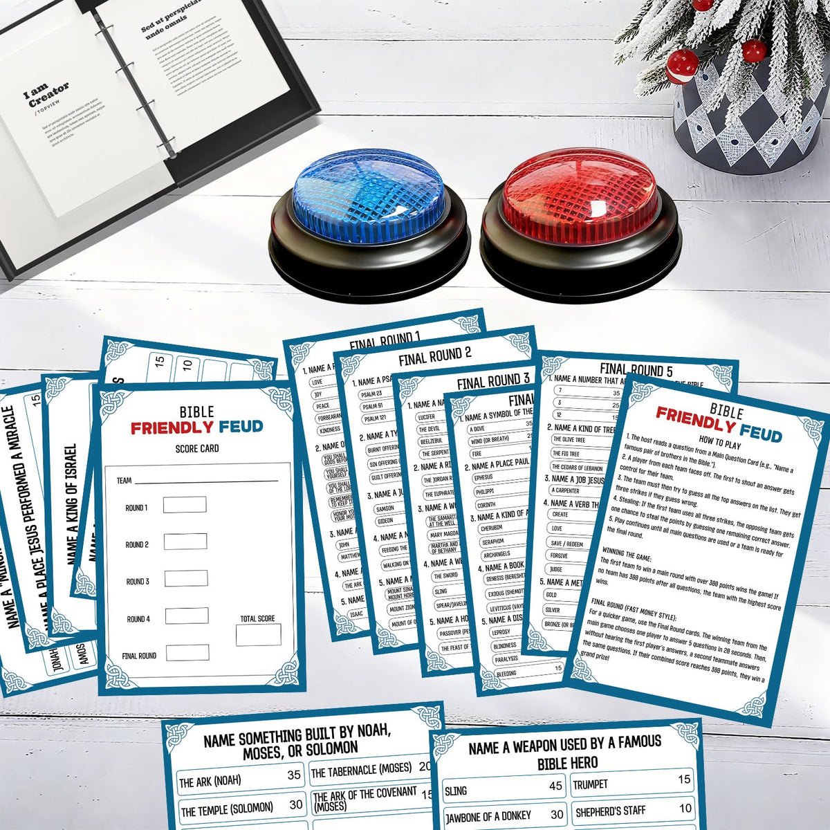 IIDEA Bible Feud question cards spread, showcasing diverse trivia for groups.