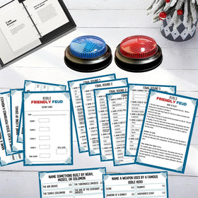 IIDEA Bible Feud question cards spread, showcasing diverse trivia for groups.