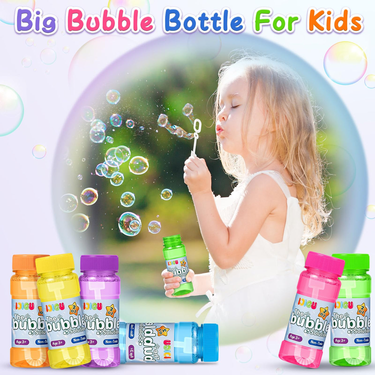 IJIGU Bulk wands in six colors included for quick, carefree bubble bursts.
