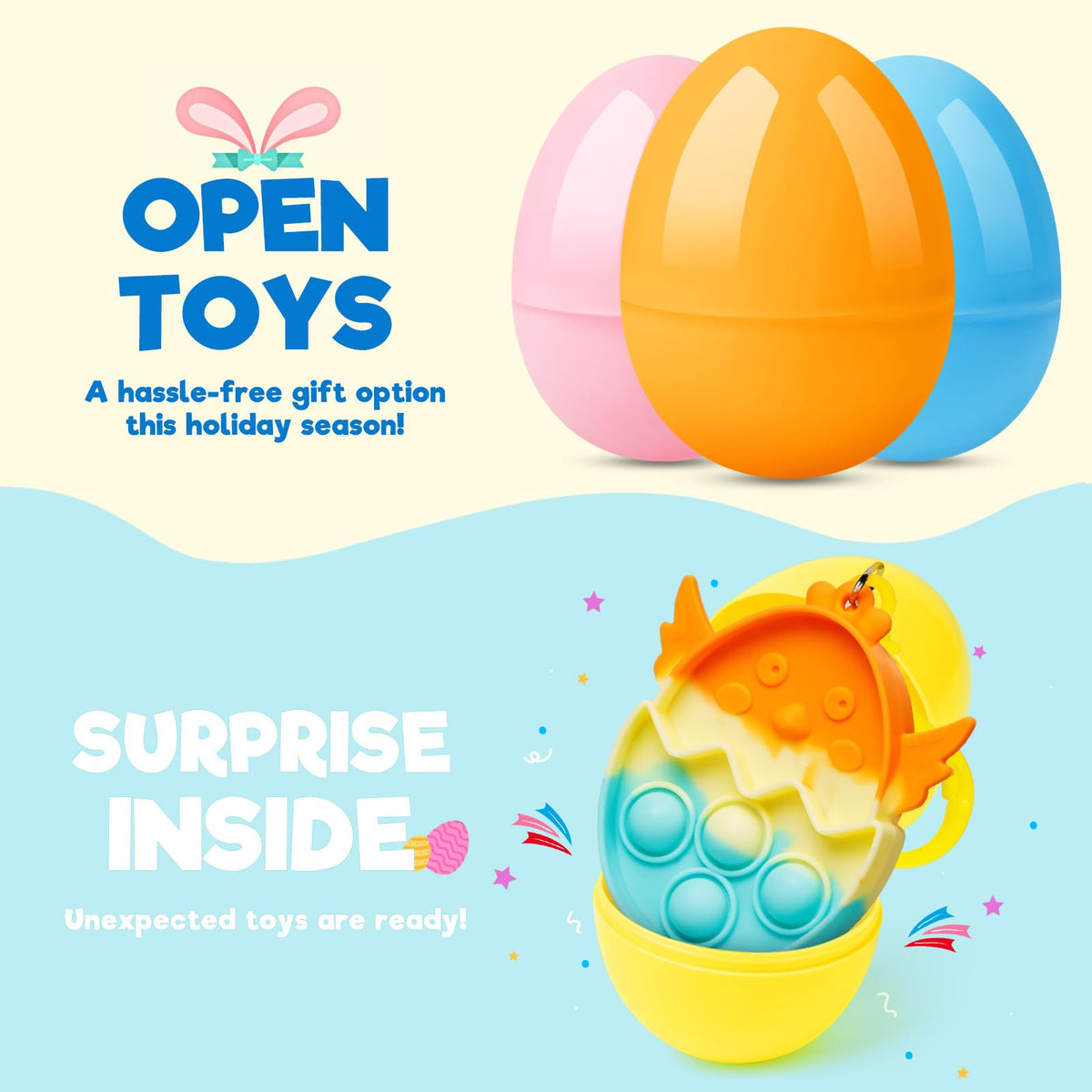 Durable plastic eggs keep contents secure during busy egg hunts.