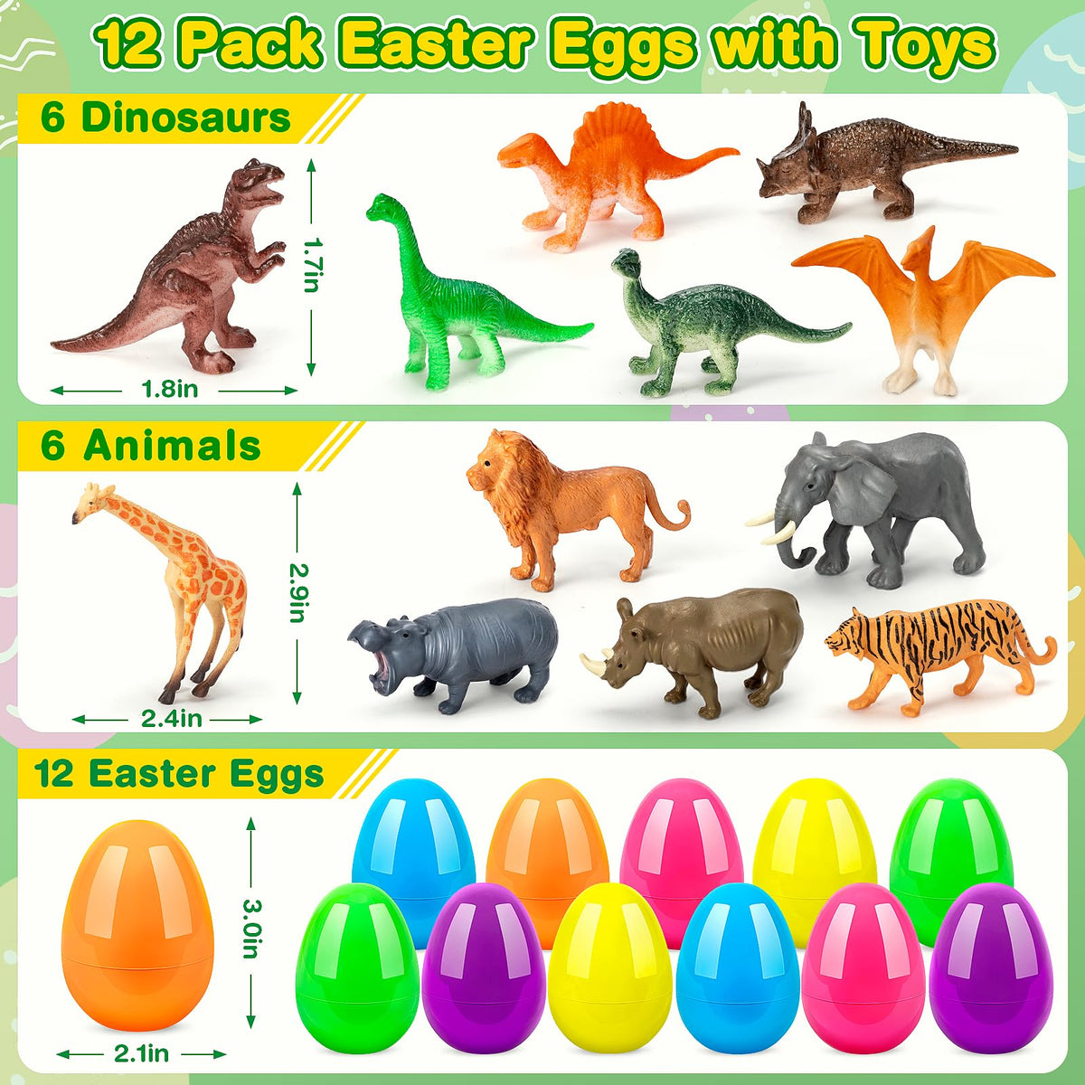IJIGU Easter eggs opened to reveal detailed dinosaur toy figures and animal friends.