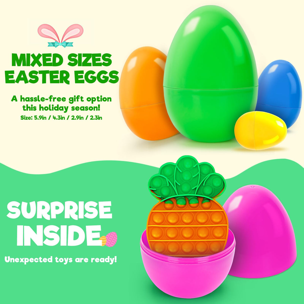 IJIGU eggs feature large pop up toys for extra playtime surprise.