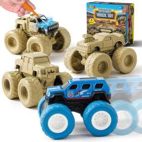 IJIGU monster trucks with wash-to-reveal mud paint revealing bright colors after washing.