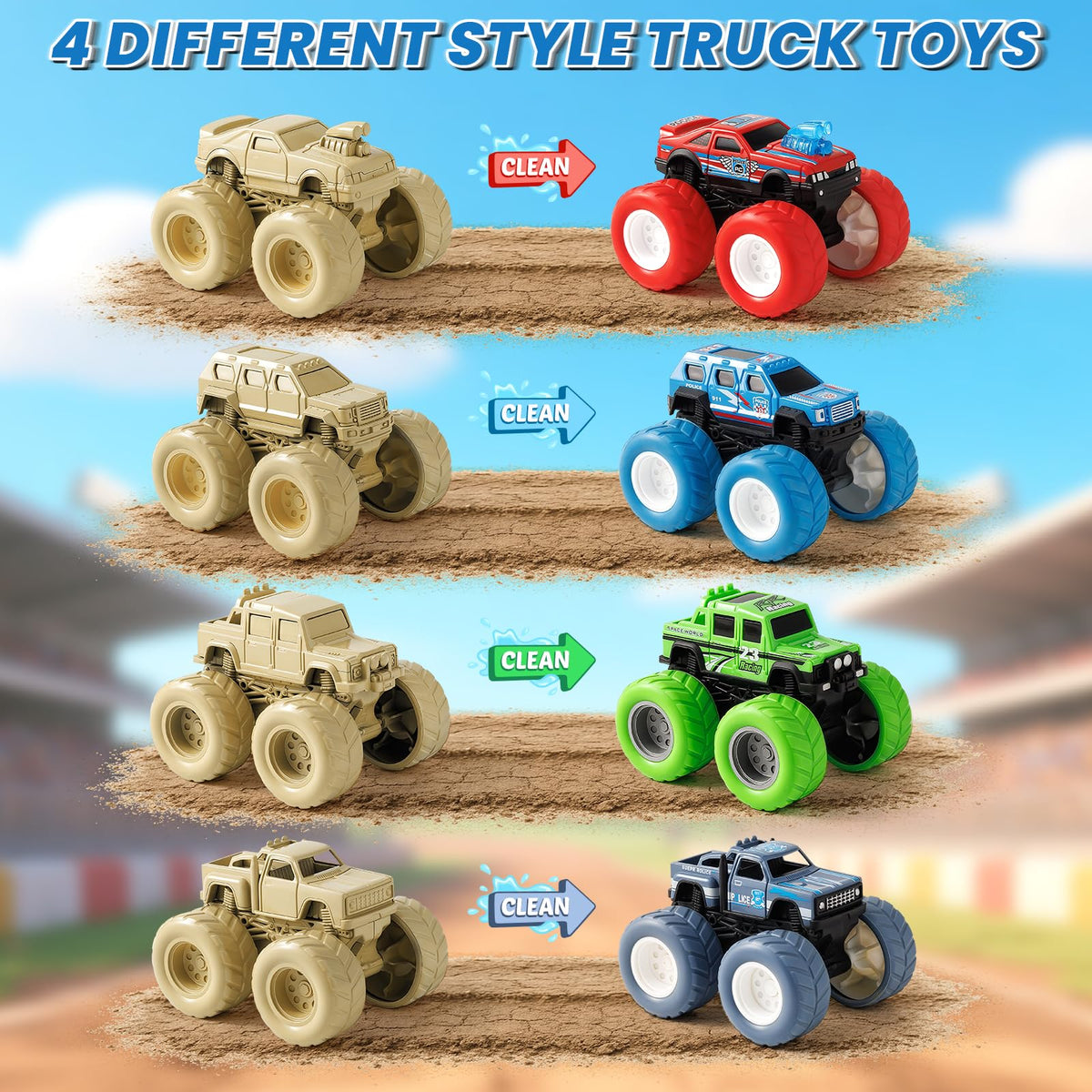 IJIGU push-and-go trucks with four-wheel inertia for quick races.
