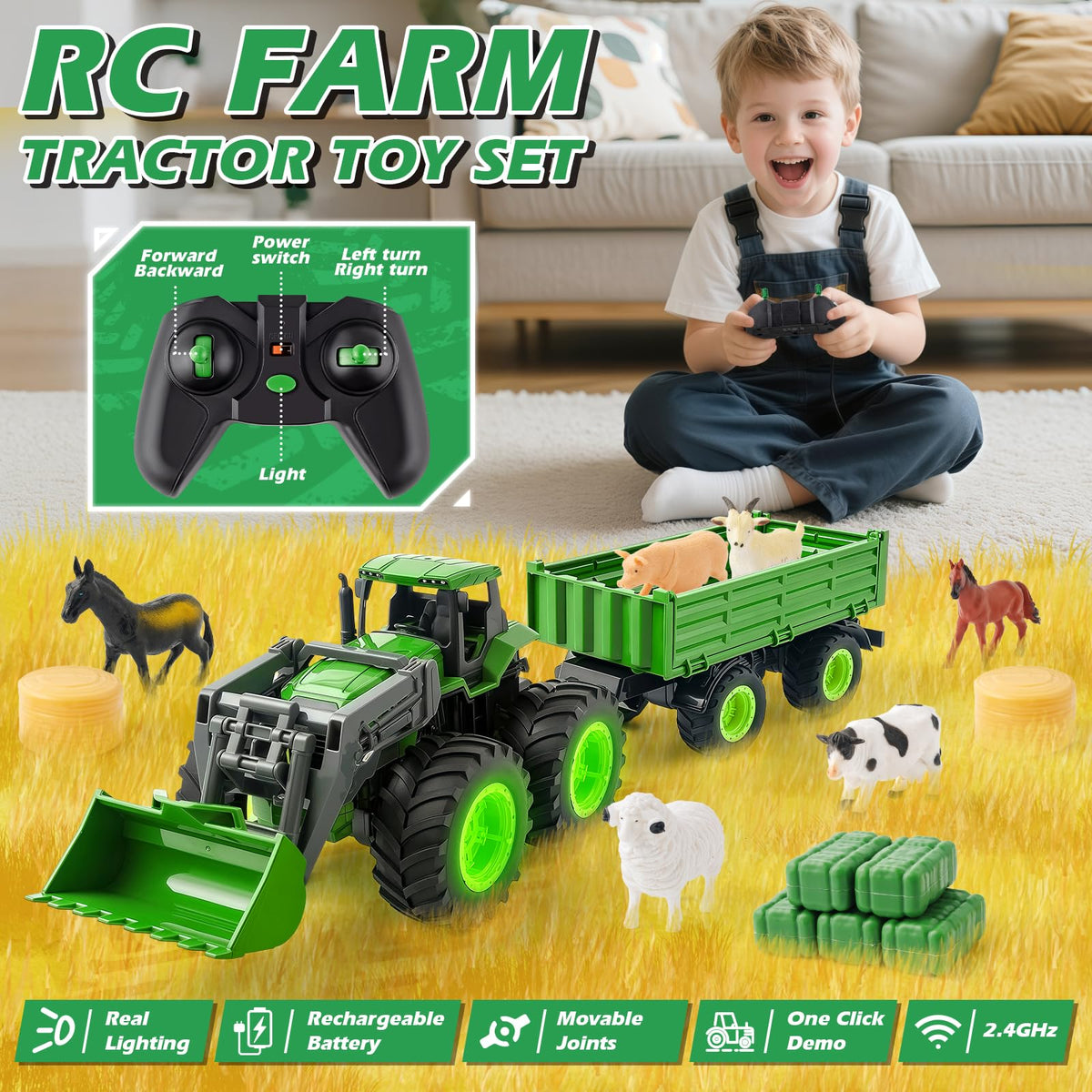 IJIGU tractor with detachable trailer ready for loading and unloading pretend harvests
