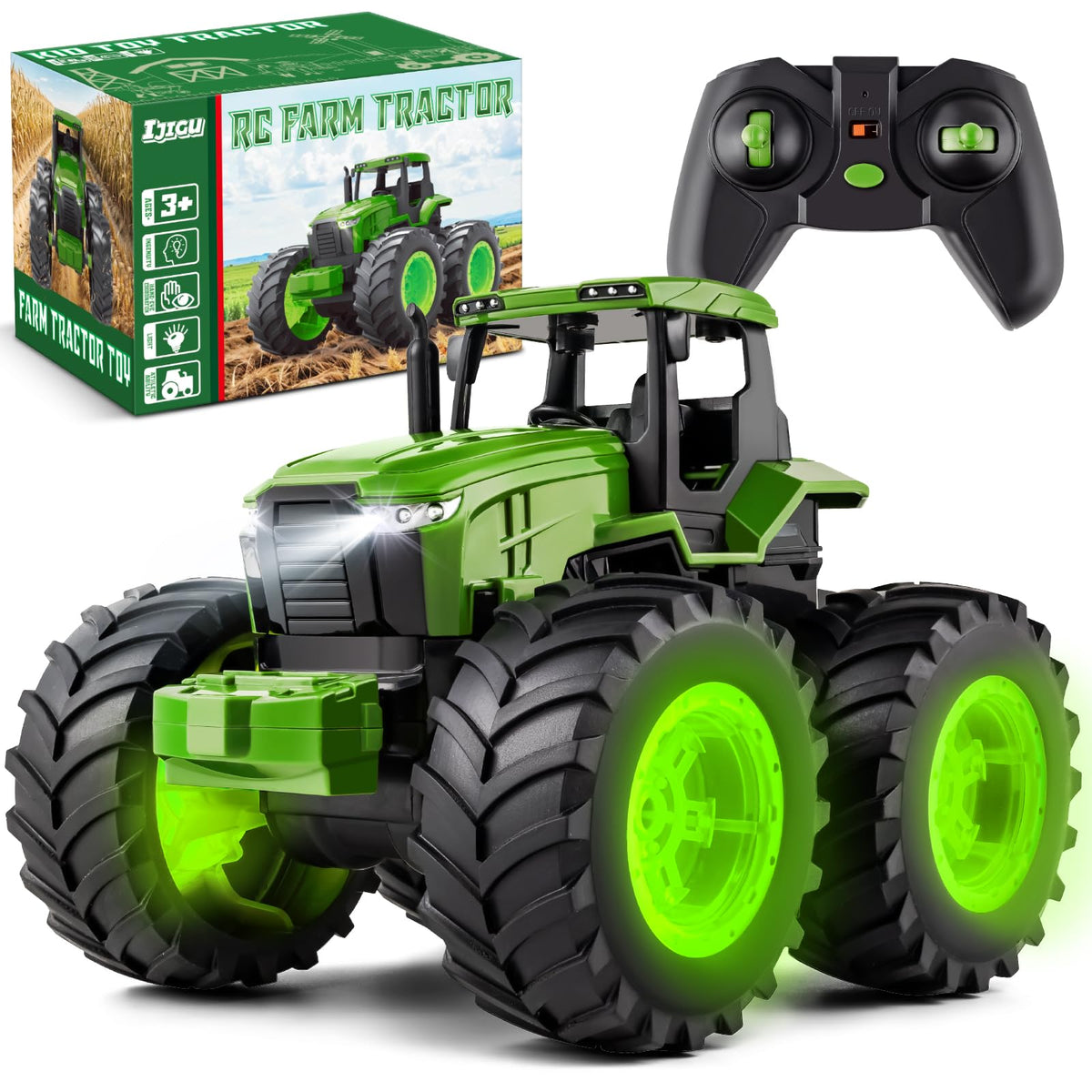 IJIGU remote-control tractor toy with luminous tires for indoor and outdoor play.