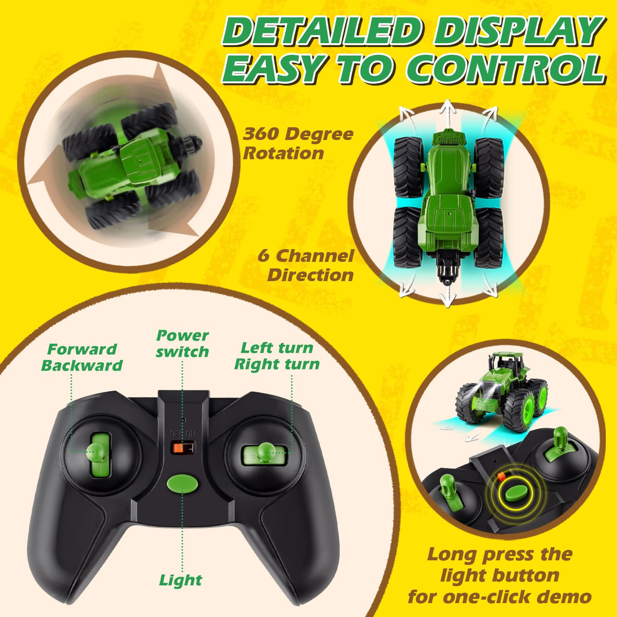 Durable ABS tractor body withstands indoor carpet and outdoor grass.