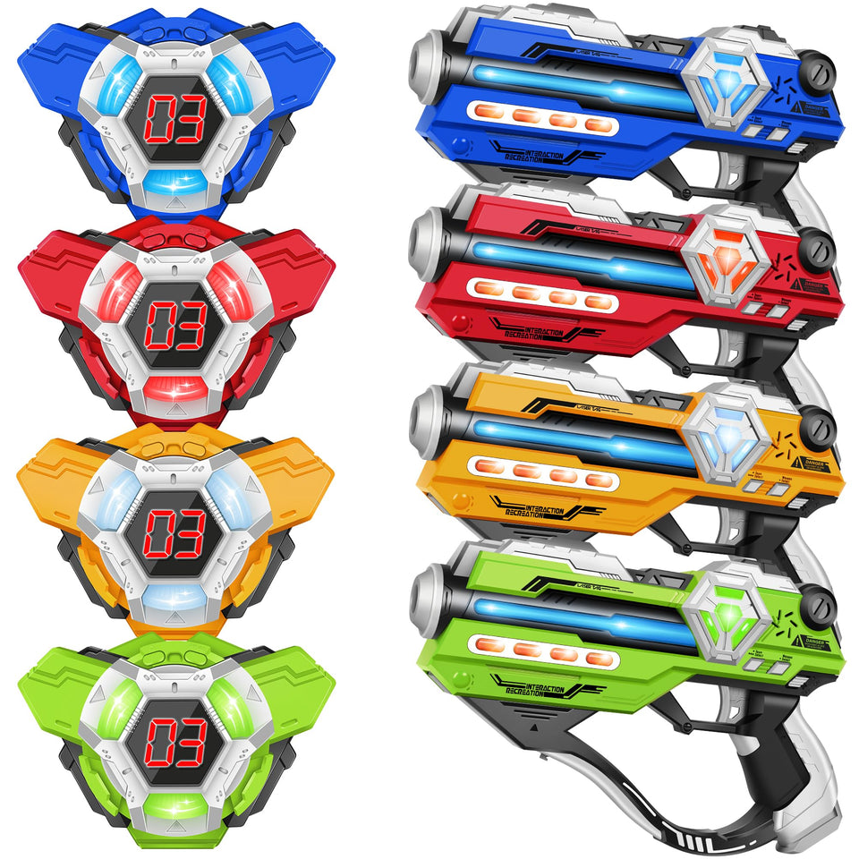 IJO laser tag guns set four units with digital score display on vest for family battles