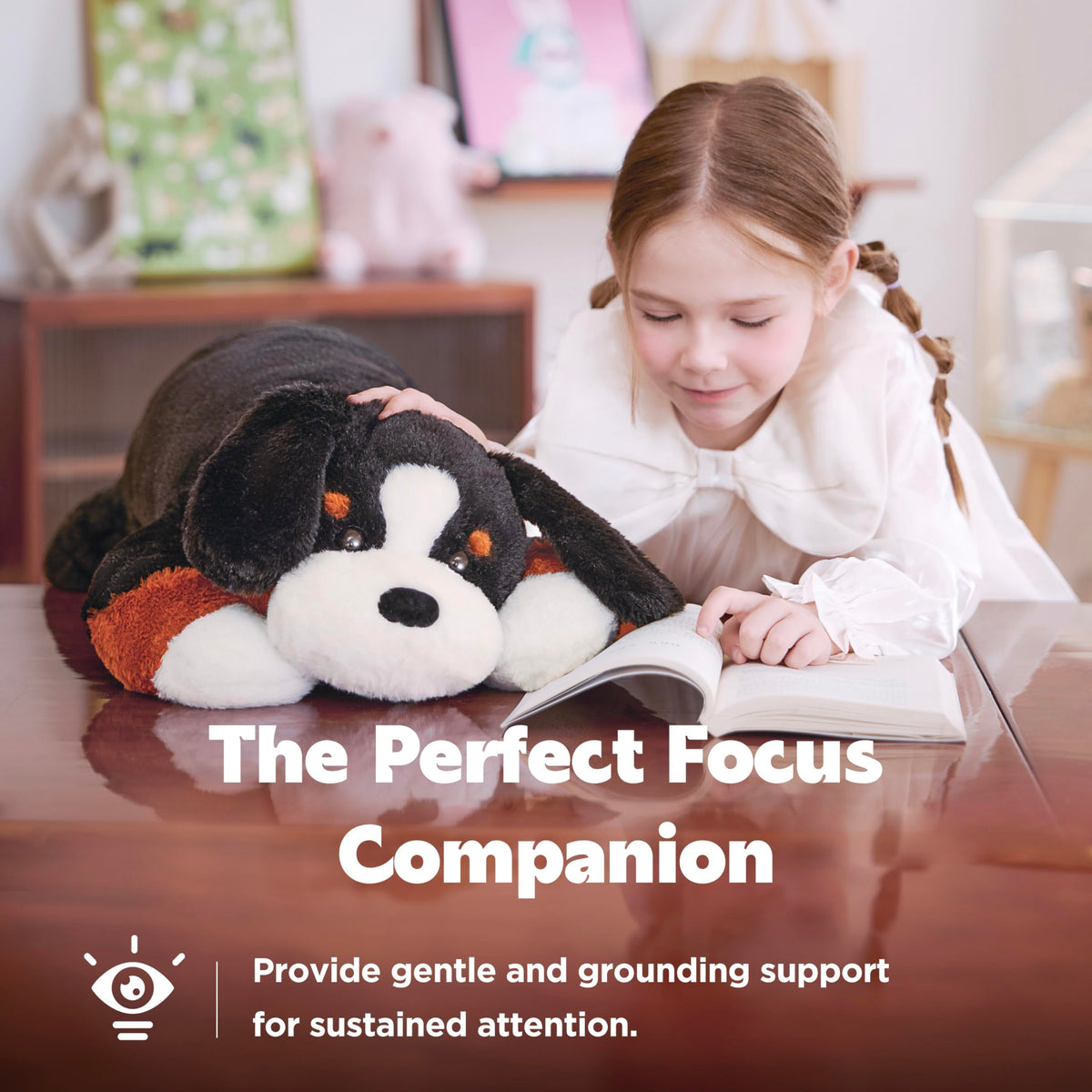 IKASA giant 27-inch plush dog beside bedtime reading setup.