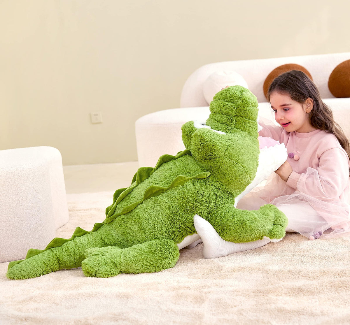 IKASA giant crocodile plush hugged by child for comfort and joy
