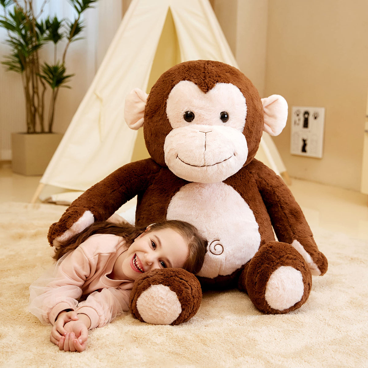 IKASA giant monkey plush 30-inch child hug, ideal for imaginative play.