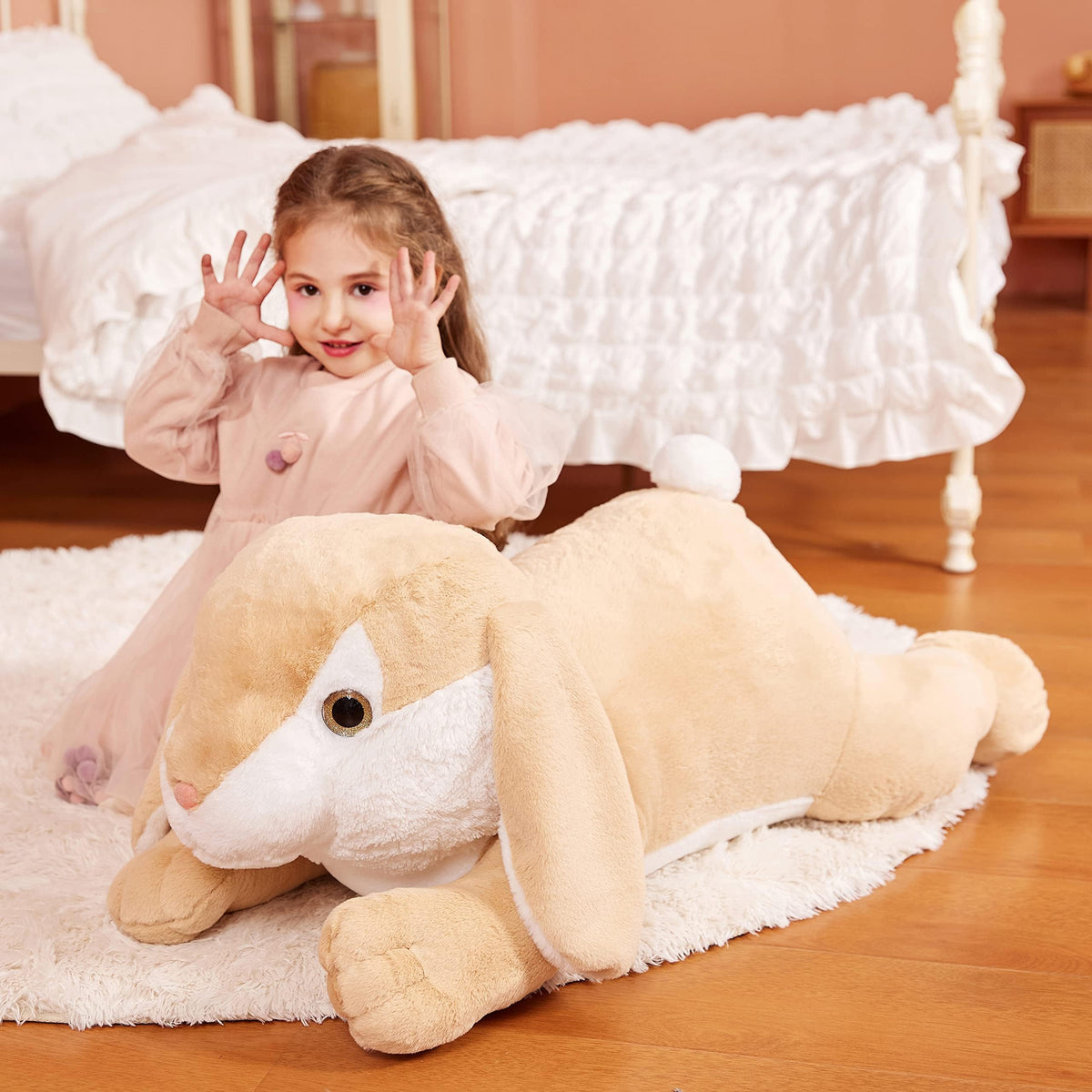 IKASA giant rabbit plush care tip, surface-washable with gentle cleaning.
