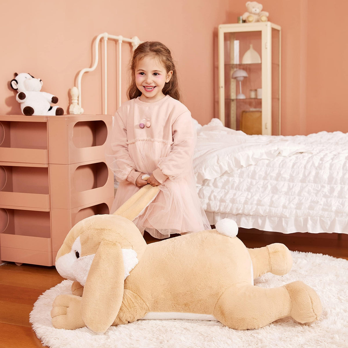 IKASA giant rabbit plush face close-up, cute expression for bedtime stories.