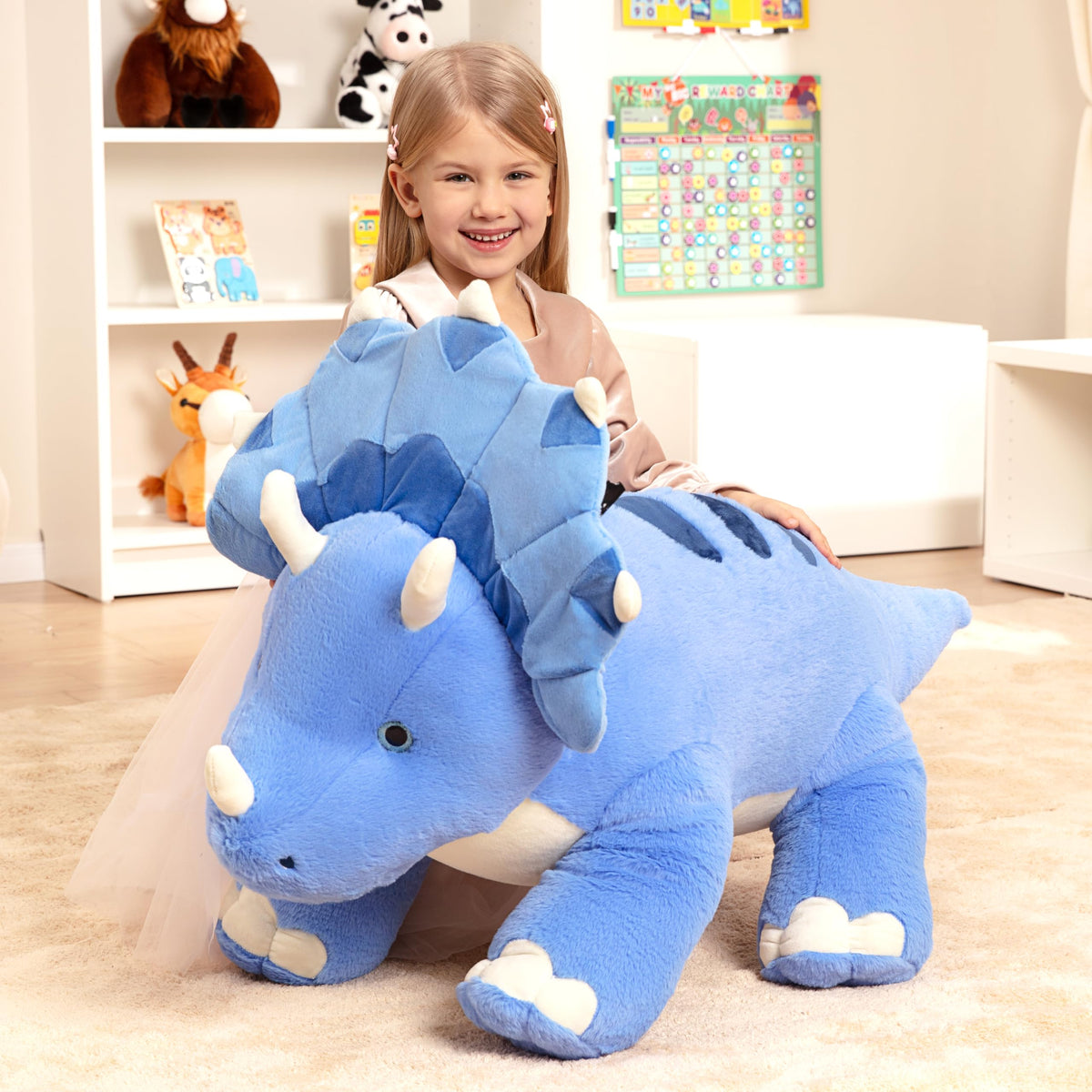 IKASA giant Triceratops plush, close-up fur texture, inviting plush