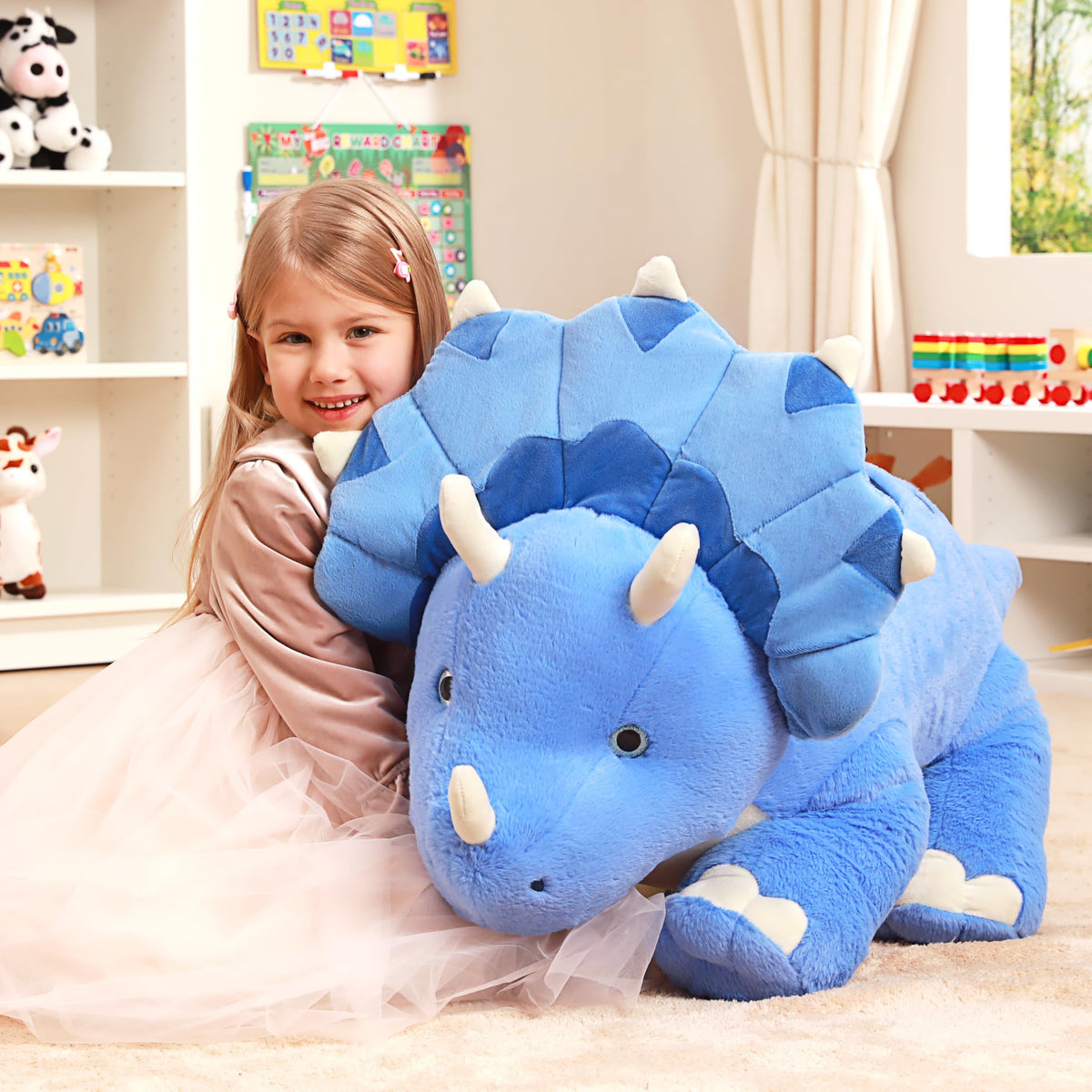 IKASA giant Triceratops plush, side view, durable size for play