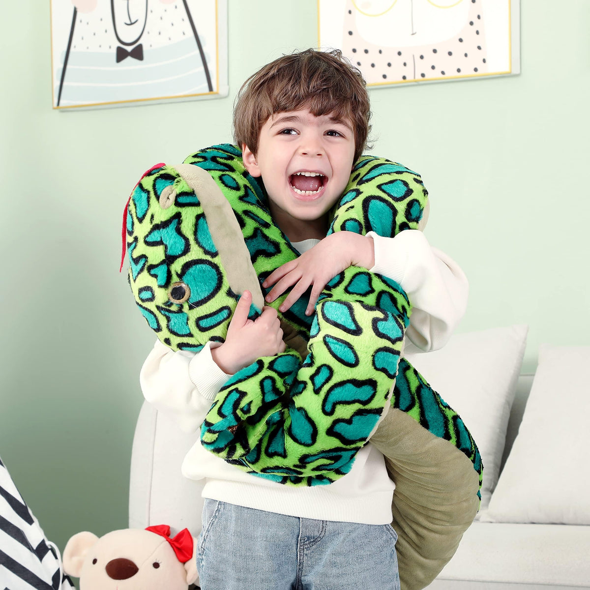 IKASA oversized snake plush ideal for imaginative play and room décor.