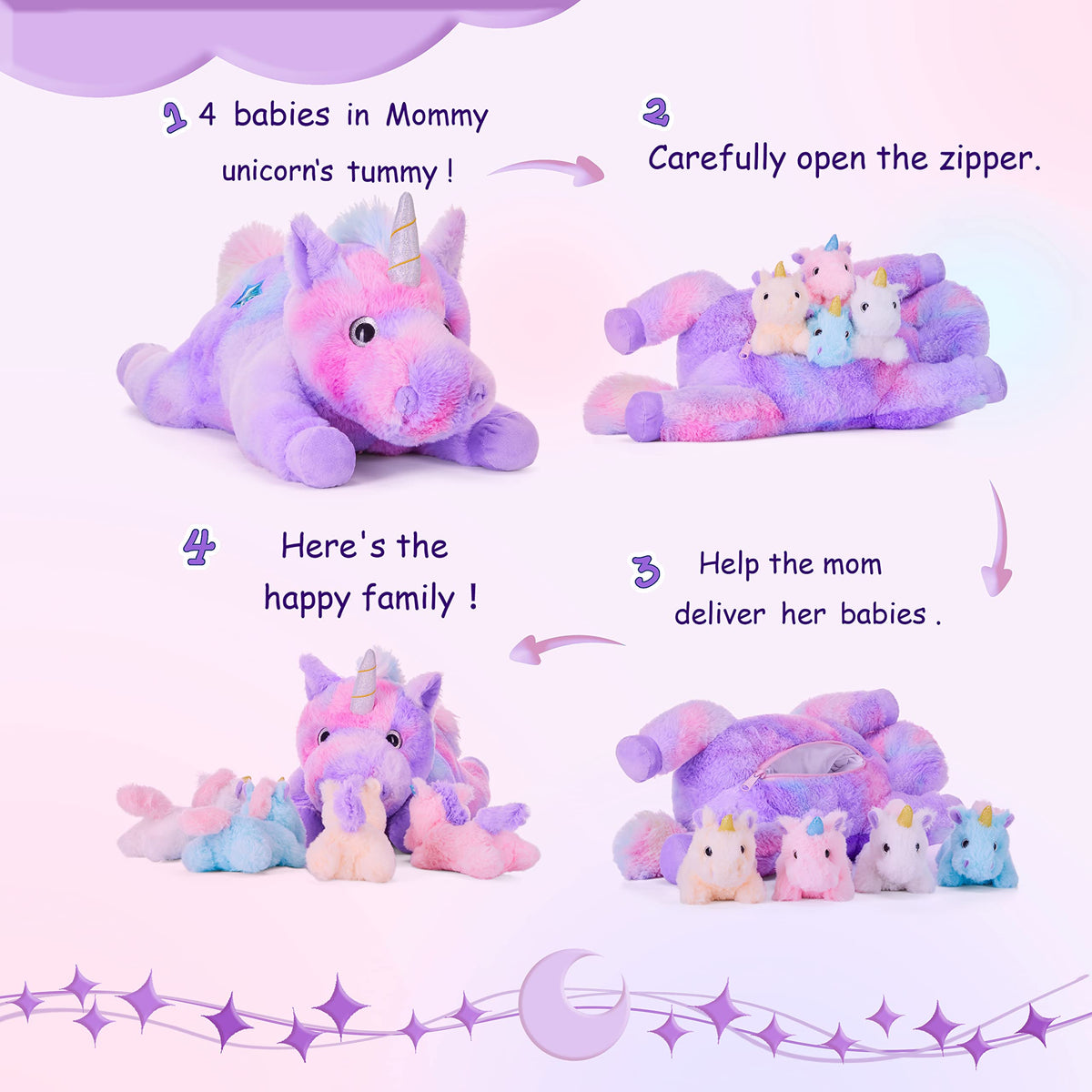 IKASA Mommy Unicorn belly zipper showing removable babies for interactive pretend play.