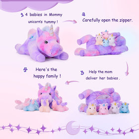 IKASA Mommy Unicorn belly zipper showing removable babies for interactive pretend play.