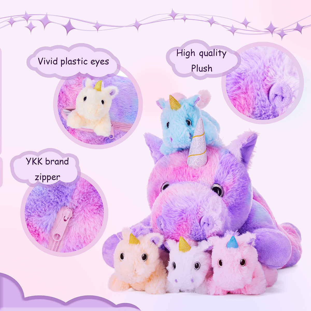 IKASA Mommy Unicorn soft fabric close-up highlighting skin-friendly plush touch.