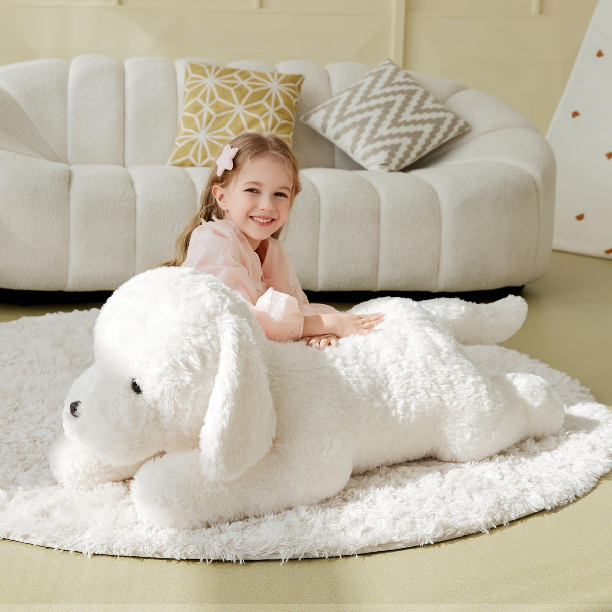 IKASA oversized dog plush ideal as a bedtime buddy and conversation piece.