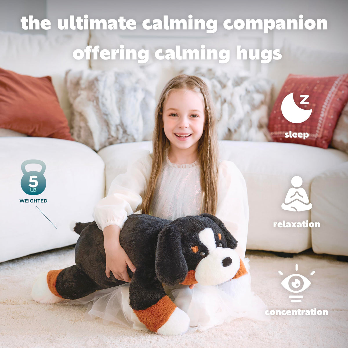 IKASA weighted plush dog with bead-filled interior for gentle embrace.