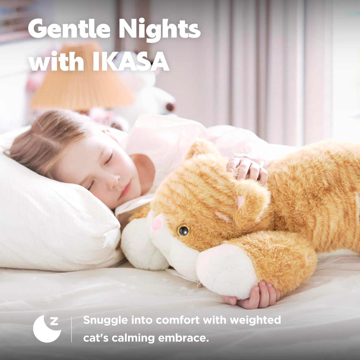 IKASA weighted tabby cat 24in bedtime snuggle ready for relaxation.
