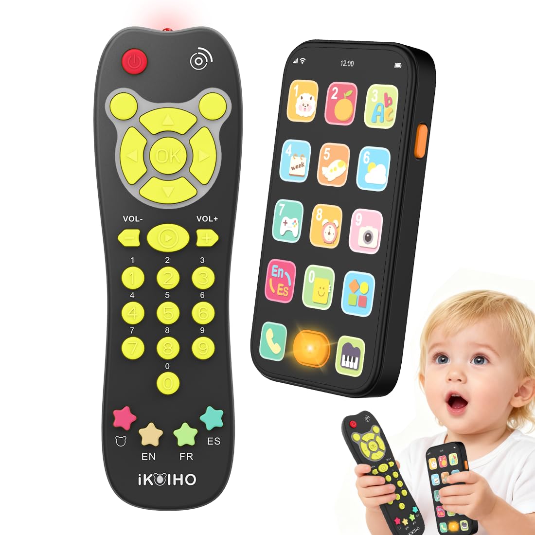 iKOIHO baby phone remote set front view promotes pretend play and fine motor skills.