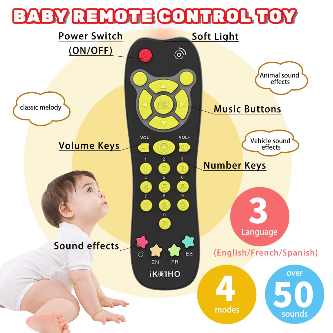 iKOIHO baby phone side angle shows colorful lights and sounds for sensory engagement.