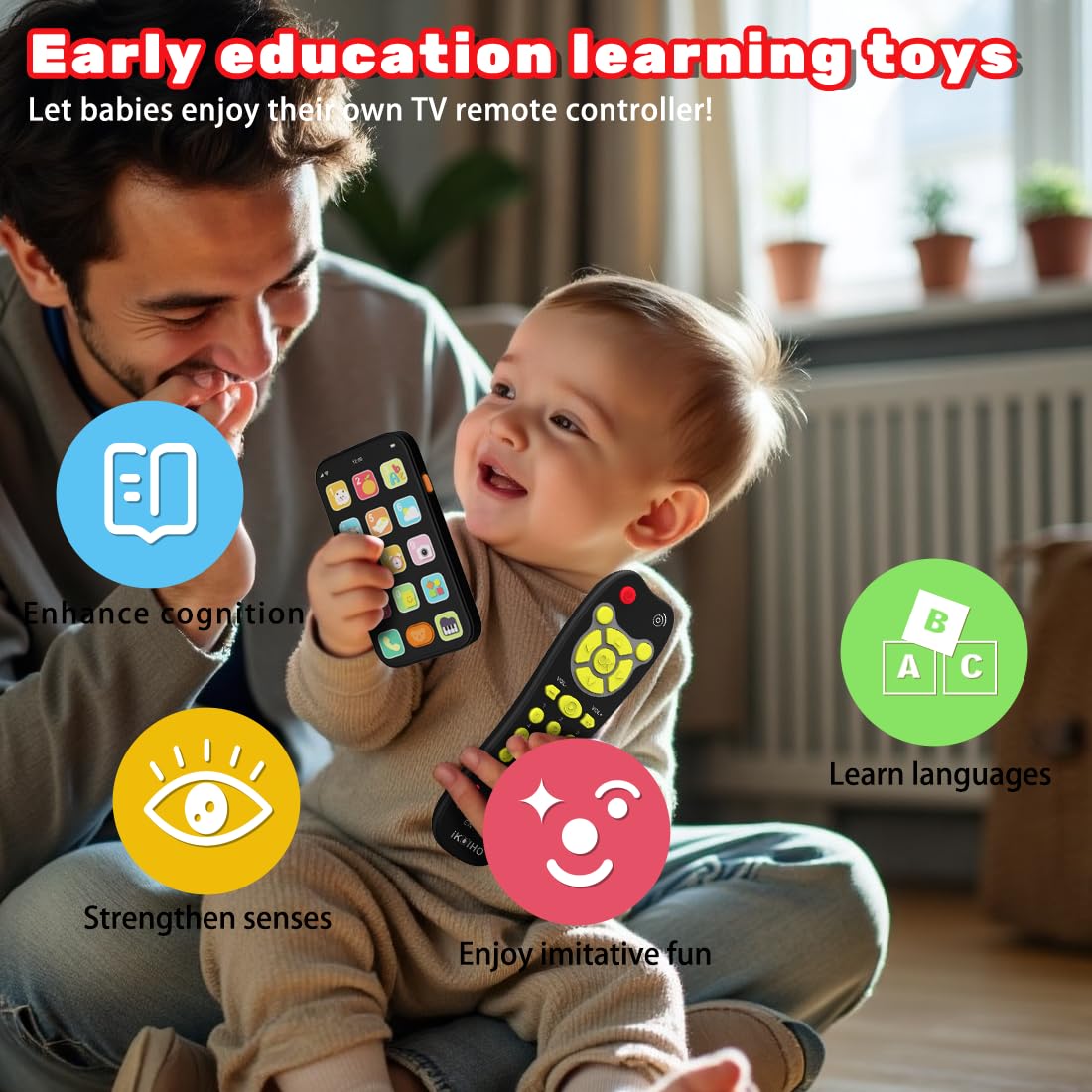 iKOIHO toddler holding phone illustrates portable toy for travel and playtime.