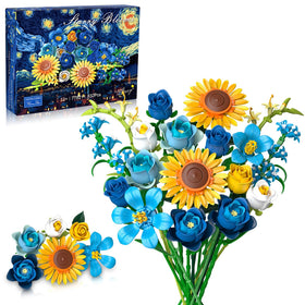 iLacven blue rose starry blooms bouquet building set enhances desk decor with vibrant color