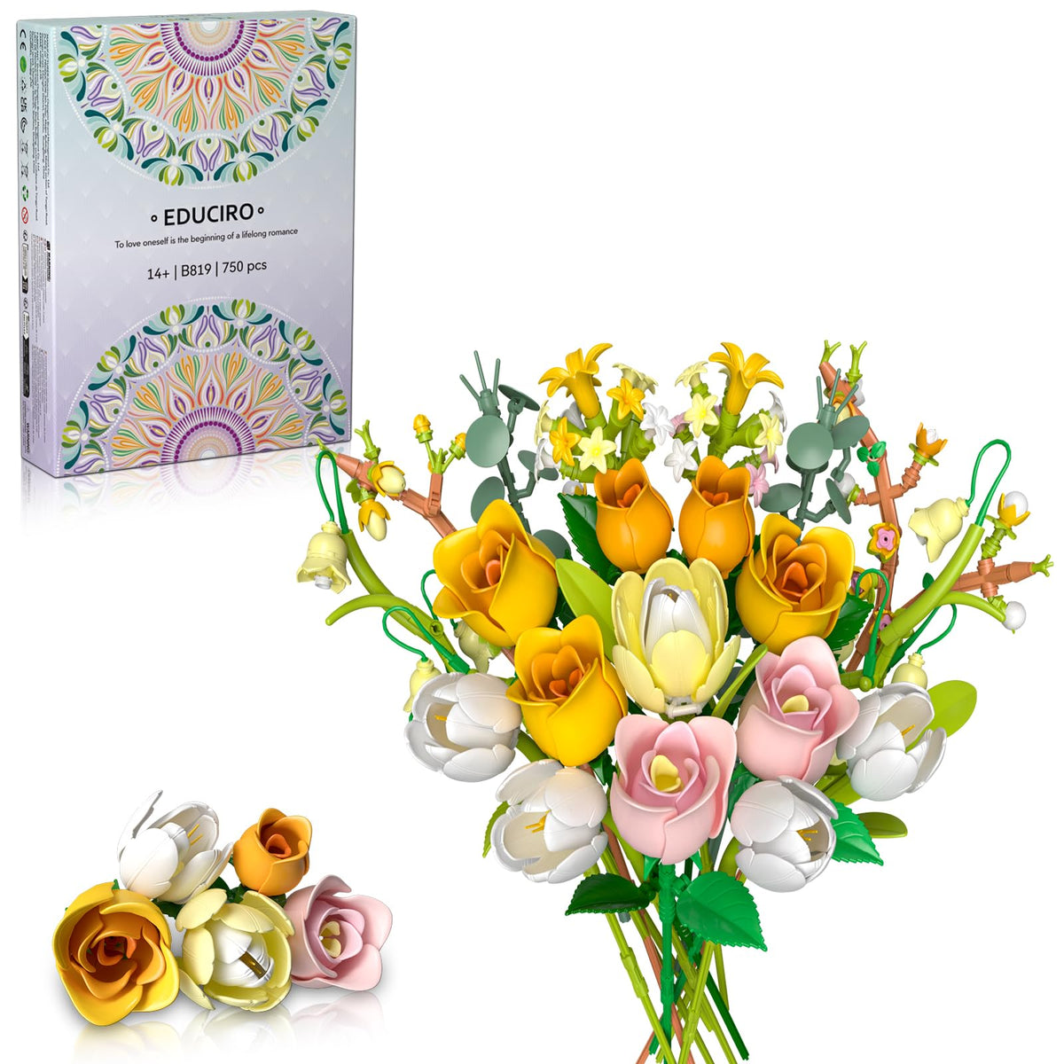 iLacven Tulip Rose Bouquet Building Set main display for shelf decor